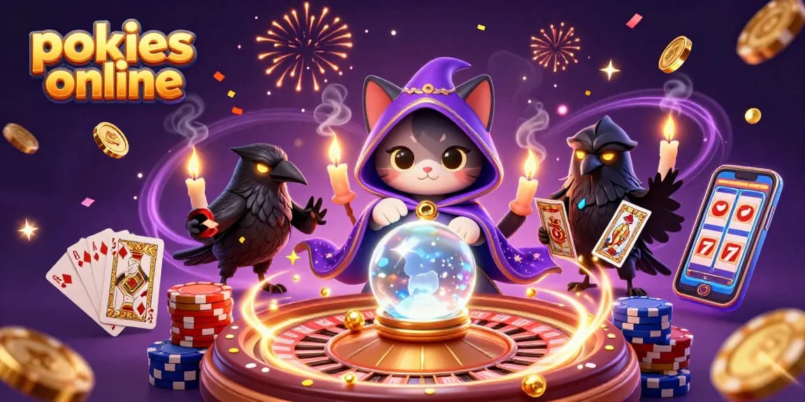 Play pokies online as cascading coins, fortune teller cat, and a tarot-dealing raven create magic.