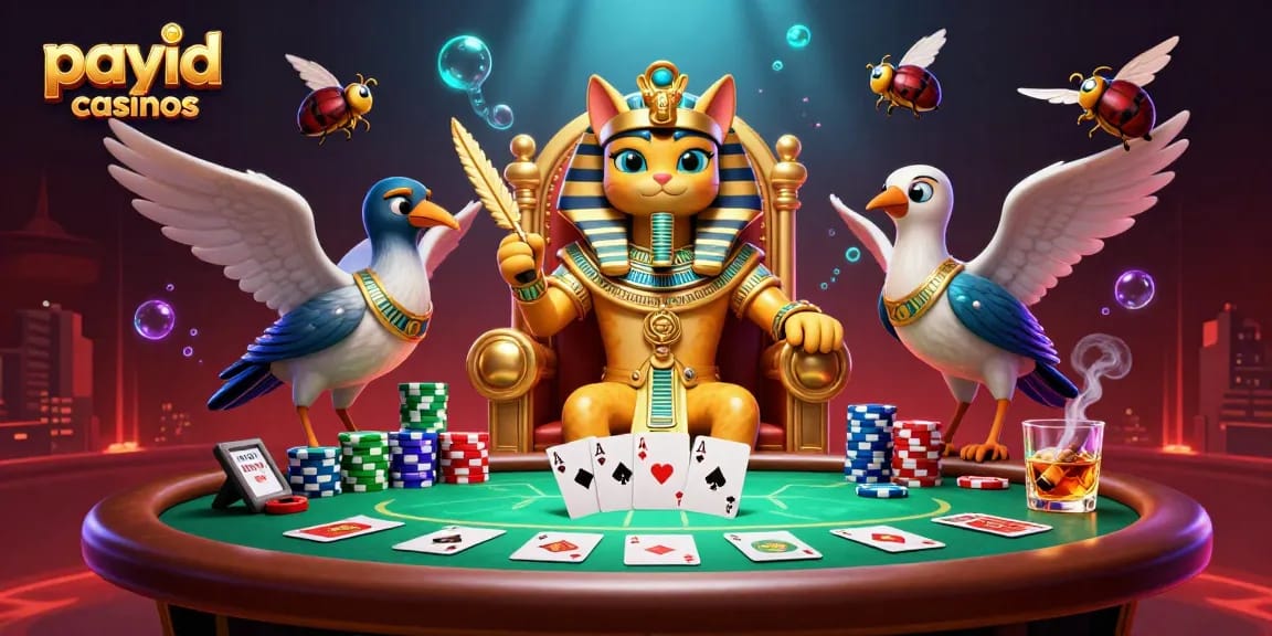 Engage with payid casinos featuring a pharaoh cat, ibises, poker elements, and vibrant casino ambiance.