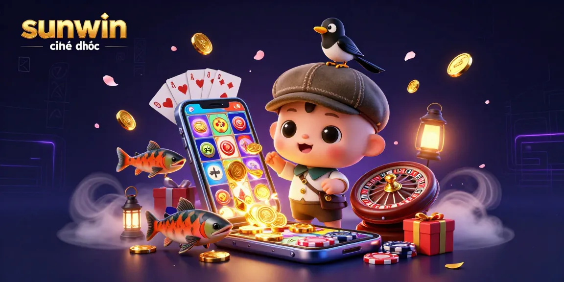 Experience sunwin chính thức with playful characters surrounded by vibrant casino-themed elements.