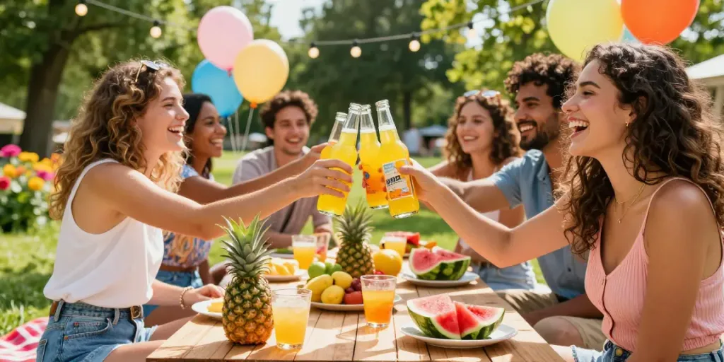 Friends enjoying hard soda at a vibrant summer party in the park with tropical fruits.