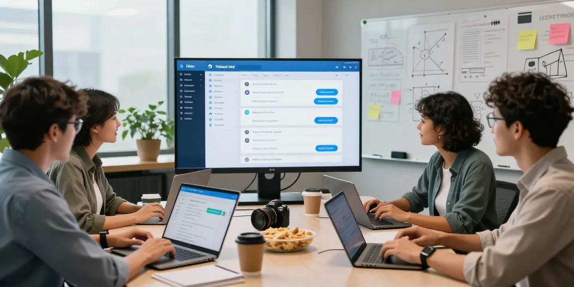 Team collaborating on Telegram Web Version in a modern office, showcasing productivity tools and innovative workspace.