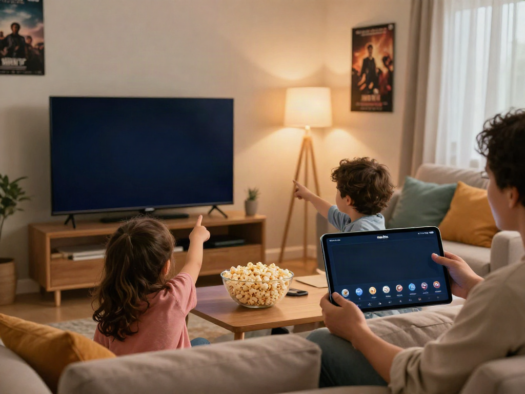 Family enjoying the Movie Box app streaming movies in a cozy living room.