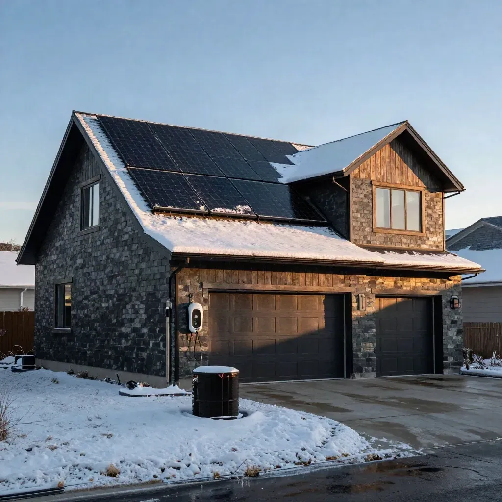 Snowy sunrise over a solar-upgraded bungalow with EV charger and heat-pump hardware.