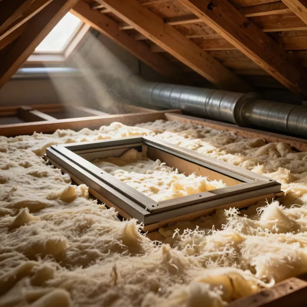 Sealed attic hatch, fresh insulation, and neatly sealed ductwork in warm late-day light.