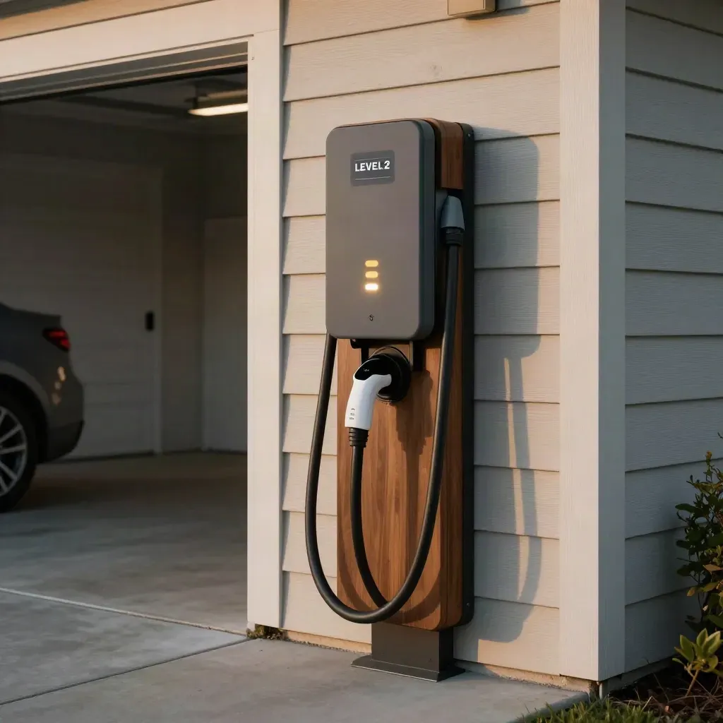 EV charger mounted by a garage bay with conduit and a glowing status light at dusk