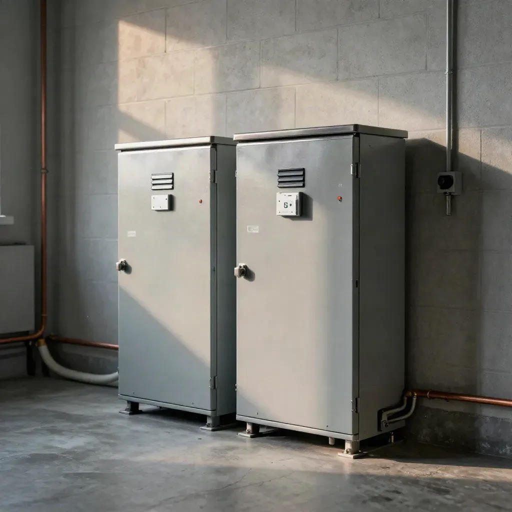 Basement battery cabinets, inverter and transfer switch in soft daylight.
