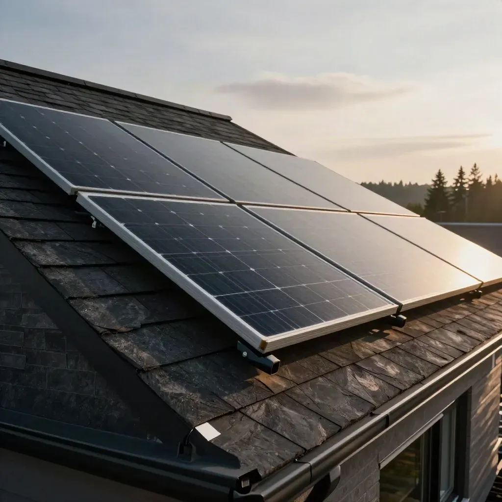 Low-angle macro of rooftop solar panels on a modern home, sun grazing the roof.