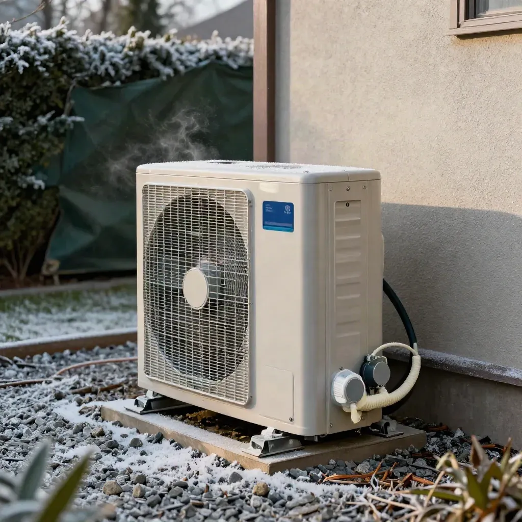 Low-angle heat pump unit beside gravel and wall, fan settling in winter frost vapour.