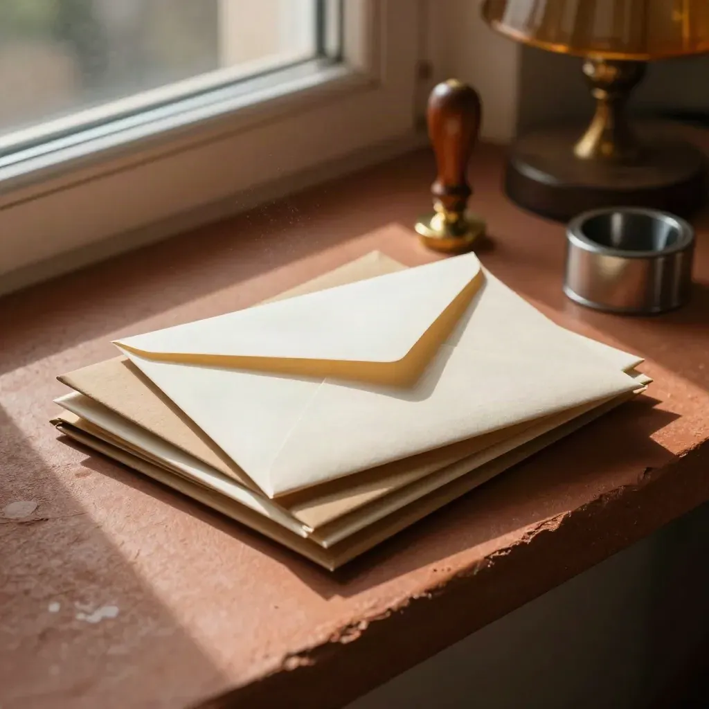 Rebate packet of sealed envelopes, kraft folders, brass stamp and metal paperweight on a warm ledge.