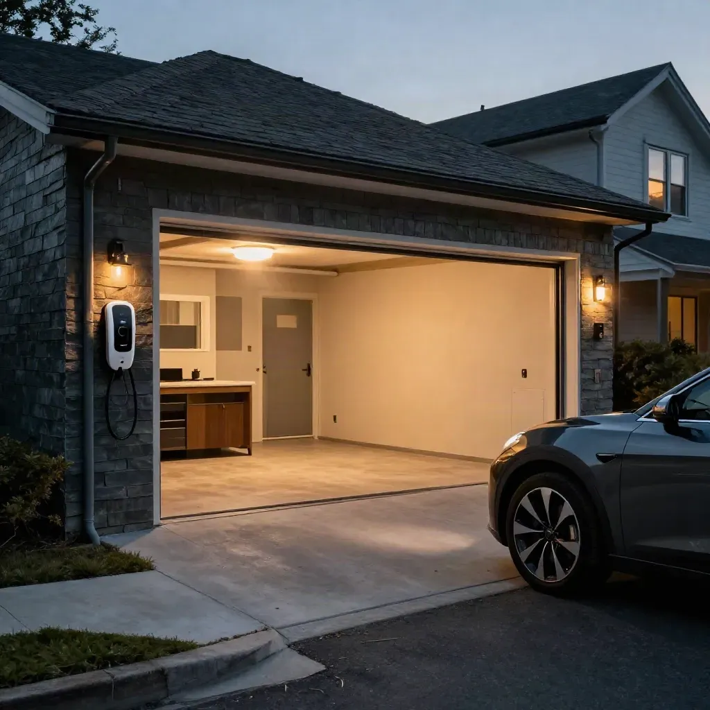 Duplex garage with glowing EV charger and parked electric car at dusk.