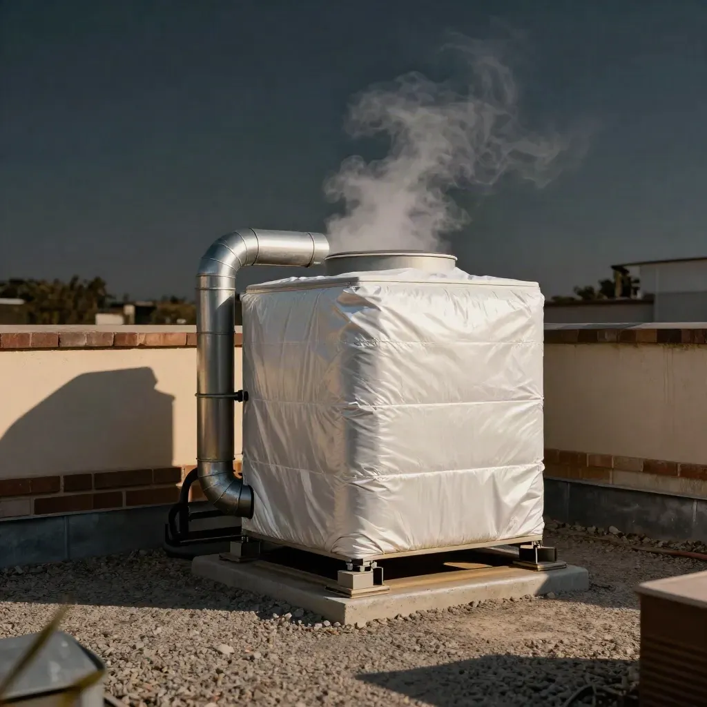 Rooftop HVAC unit with fresh insulation wrap venting warm exhaust above a cafe roof