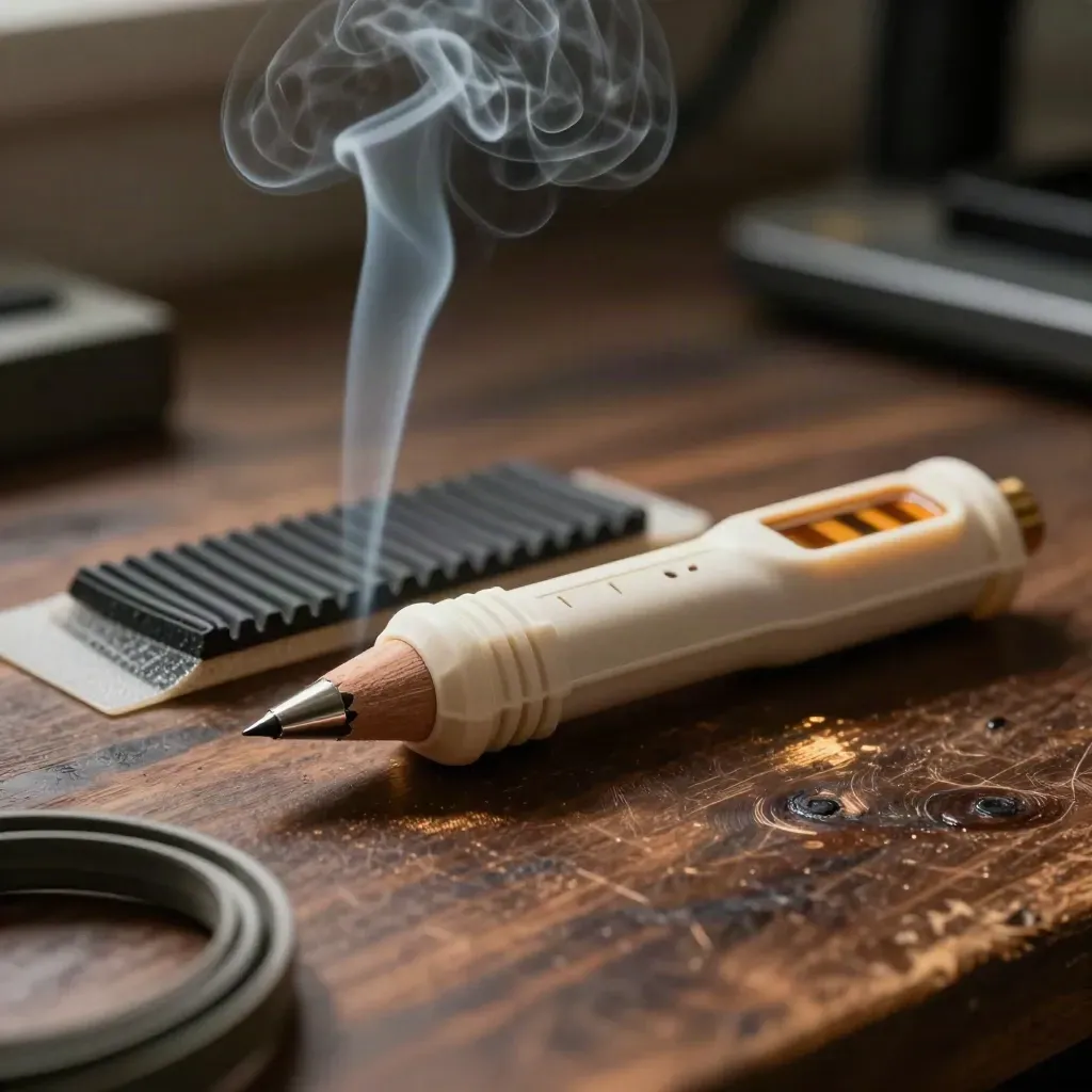Smoke pencil, outlet tester and weatherstripping sample on a dark workbench in extreme macro.