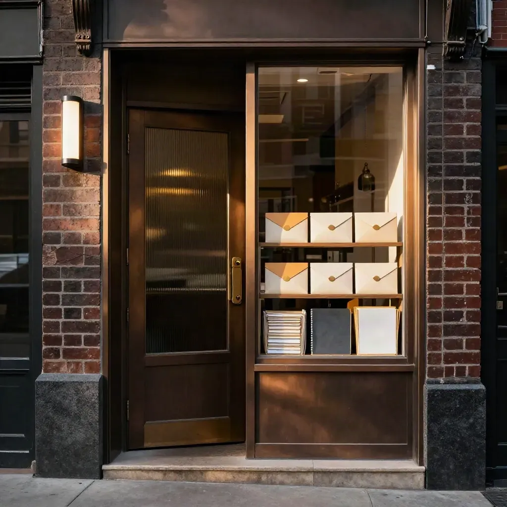 Upgraded storefront entrance with glowing light and sealed rebate envelopes on a back-office shelf.