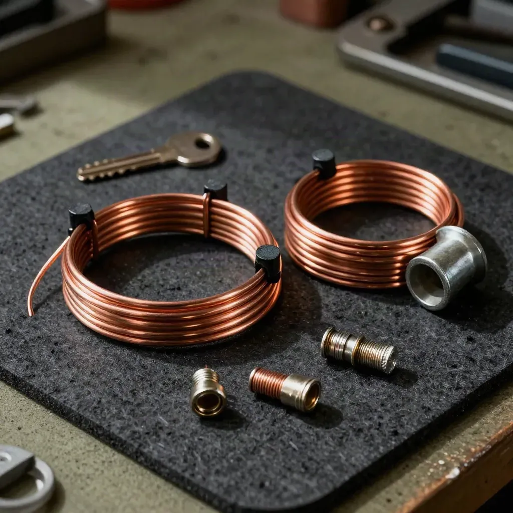 Copper wire coils, breaker toggles, conduit elbow and wirenuts on dark felt under dramatic light.