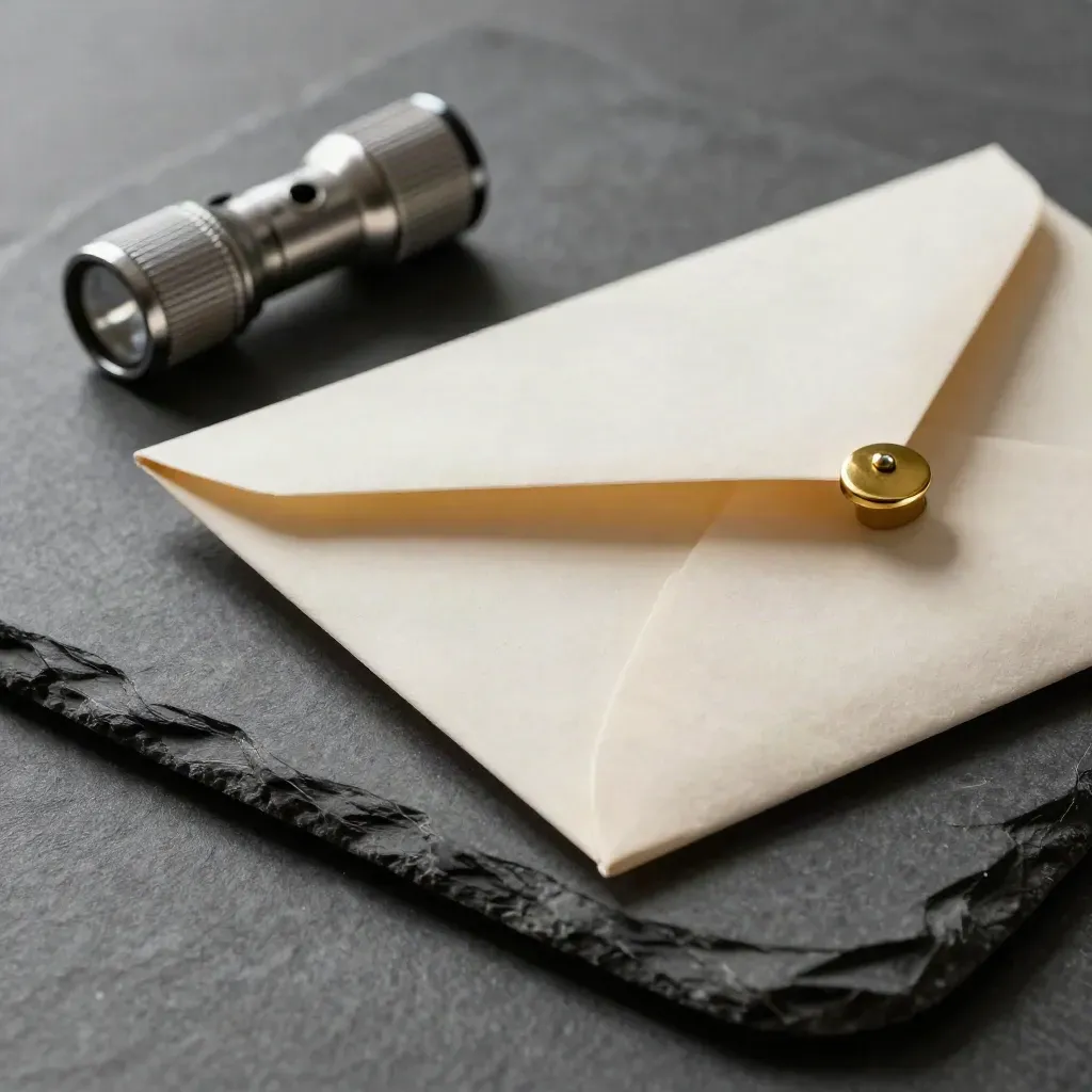 Sealed utility envelope, brass clip and pocket flashlight on dark stone, lit from one side.