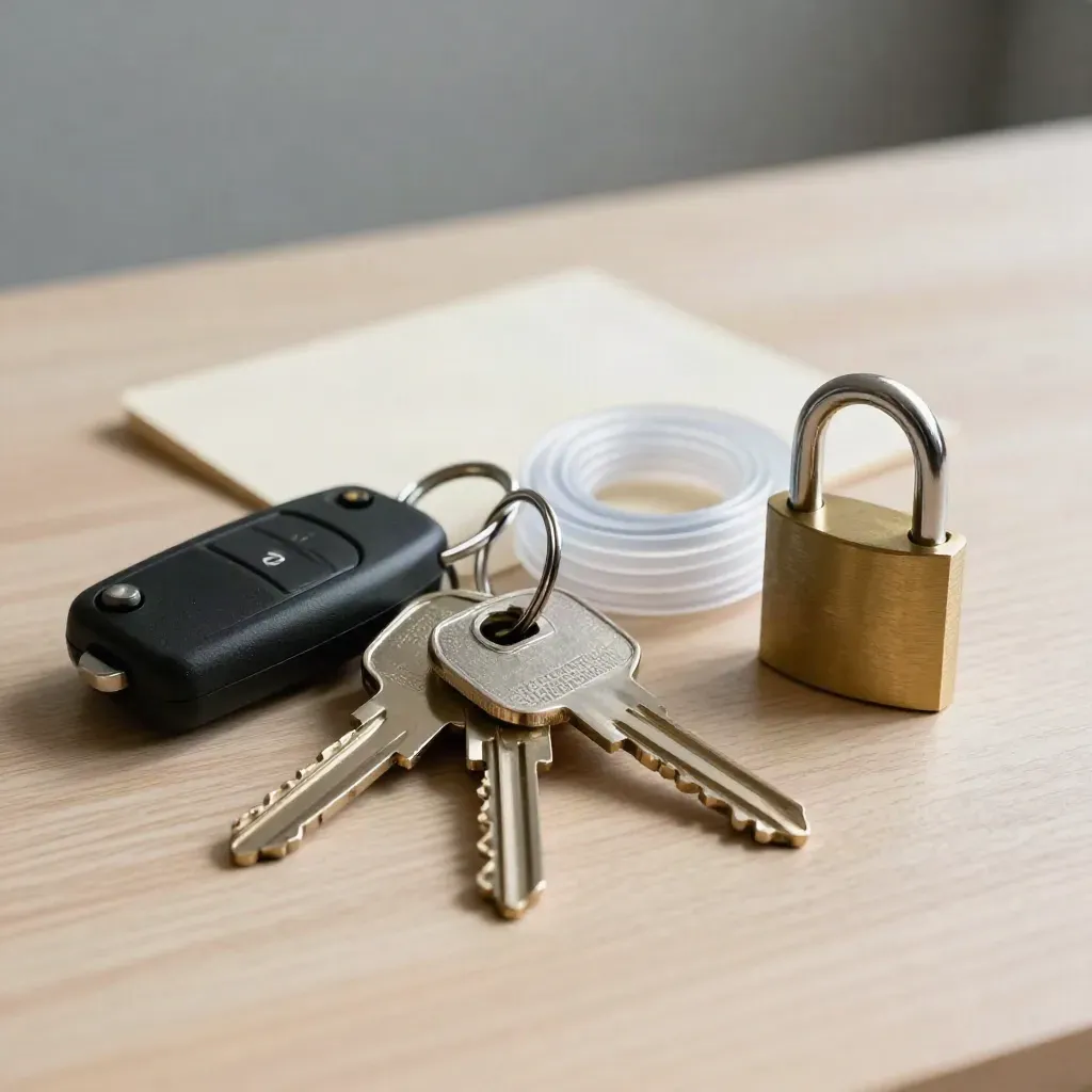 Keys, van fob, cable ties, and padlock arranged on pale wood in a calm booking still life.