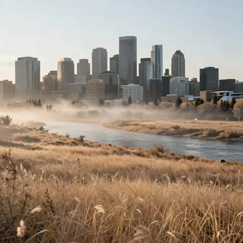 Calgary skyline above misty Bow River valley and prairie grass at dawn