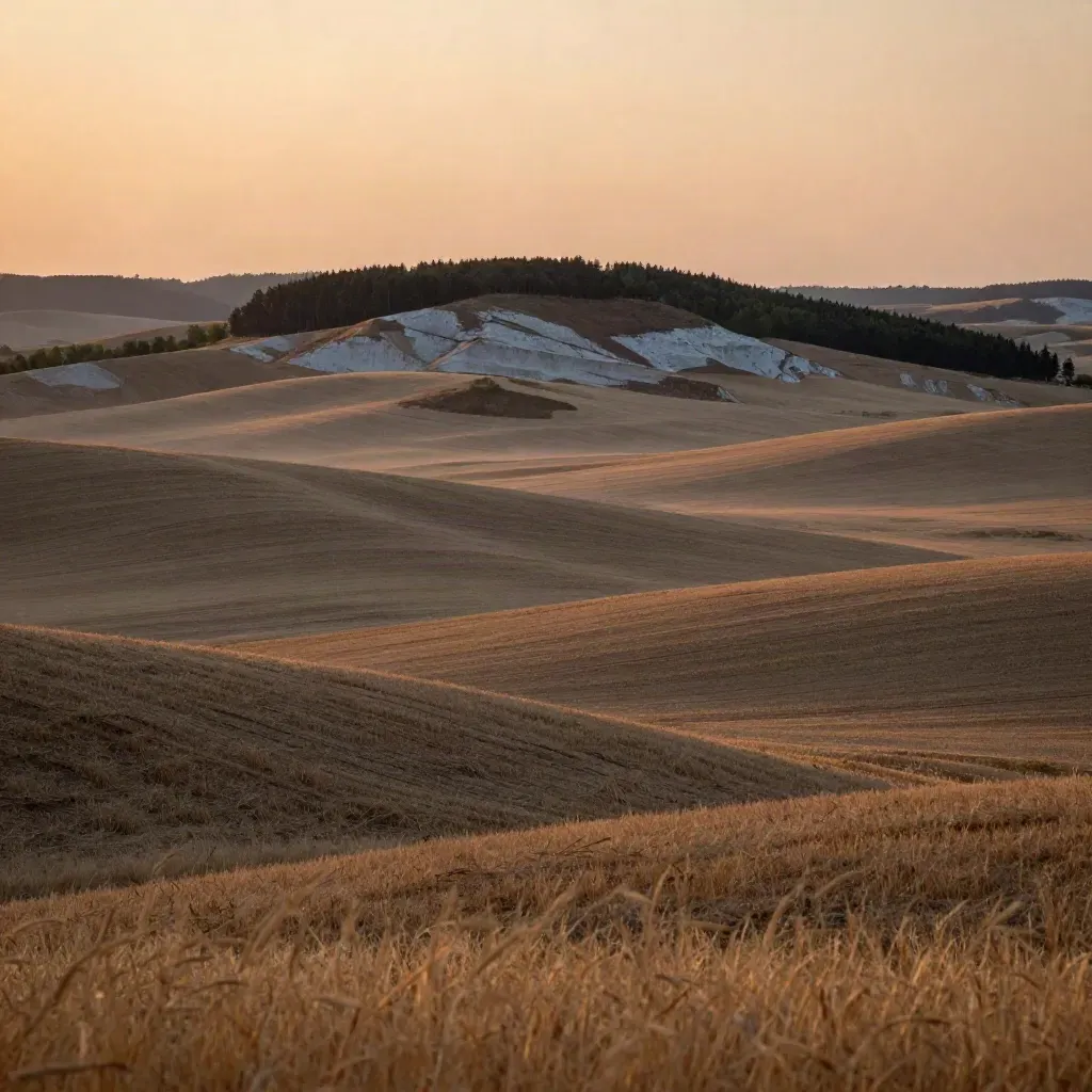Southern Alberta foothills, wheat fields and coulees under a warm sunset sky.