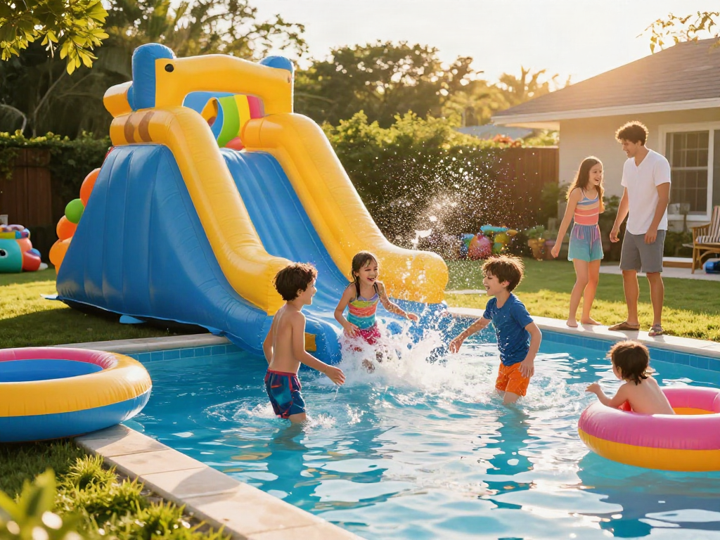 Children enjoying a water slide inflatable during a sunny backyard party.