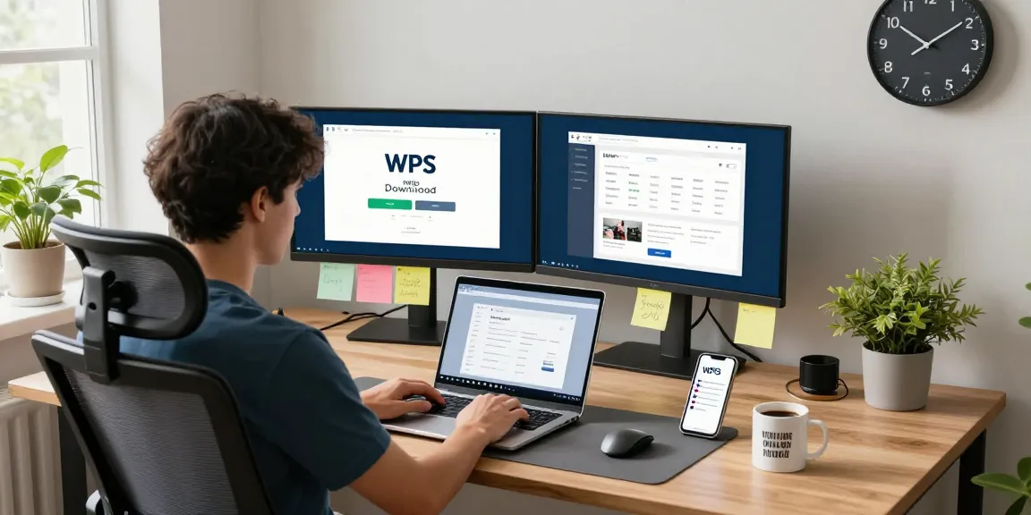 User engaged in WPS Download on a modern laptop in a stylish home office.