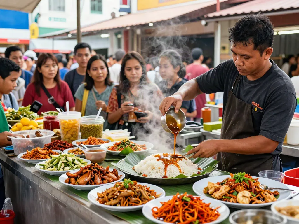 Delicious Nasi Kandar prepared by a chef at rokok88 food stall, showcasing vibrant dishes and traditional cooking methods.